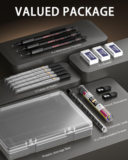 Nicpro 3 Pack 2mm Mechanical Pencils Set with Case, 33 Graphite Lead Refills (4B 2B HB 2H 4H), 36 Colored Lead, Erasers -Weatherproof Metal Barrel, Heavy Duty Carpenter Pencil For Drawing Sketching