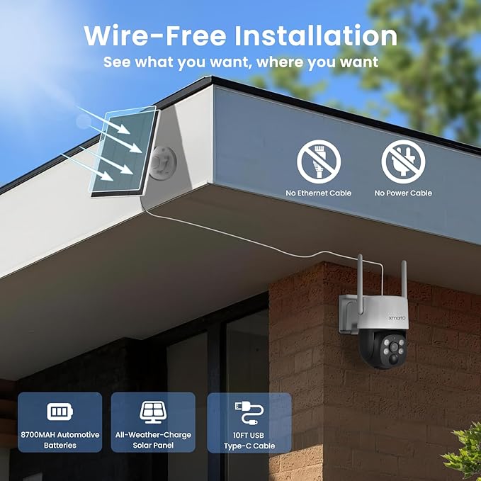 XMARTO Solar Camera Outdoor Wireless, 4 PCs QHD 4MP Wireless PTZ Security Camera System with 4K 10CH Expandable WiFi NVR, All-Weather Solar Charge, Two-Way Audio, PIR Sensor, 360° View, No Monthly Fee