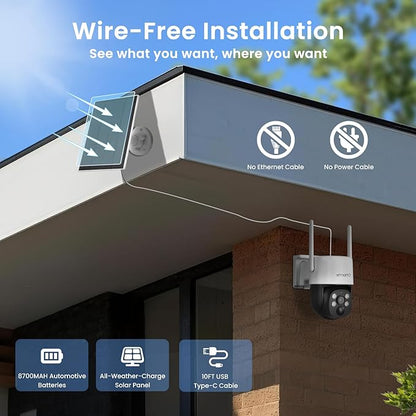 XMARTO Solar Camera Outdoor Wireless, 4 PCs QHD 4MP Wireless PTZ Security Camera System with 4K 10CH Expandable WiFi NVR, All-Weather Solar Charge, Two-Way Audio, PIR Sensor, 360° View, No Monthly Fee