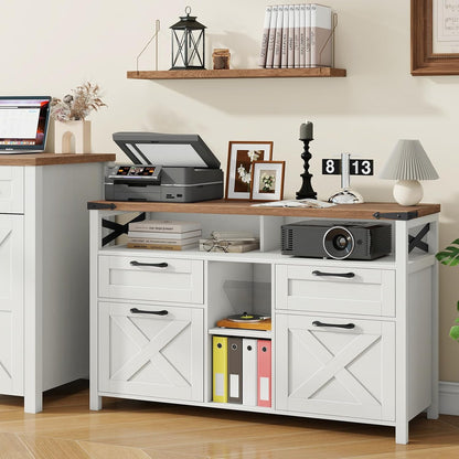 Farmhouse Filing Cabinet with Adjustable Shelf for Home Office, Lateral File Cabinets 4 Drawers with Open Storage Shelf, Filing Organization Storage Cabinets for Hanging Files Letter/A4.