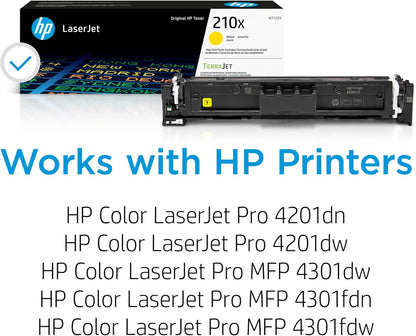 HP 210X Yellow High-Yield Toner Cartridge | Works Color Laserjet Pro 4201, Color Laserjet Pro MFP 4301 Series | W2102X