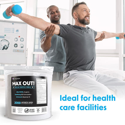 Wipex Max Out Sanitizing Wipes for Fitness Centers - 2000 Wipes Per Roll, Pack of 2, Economy Size Refill Rolls for Dispensers, 5"x8" - Ideal for High Volume Commercial Gyms, Schools & Studios