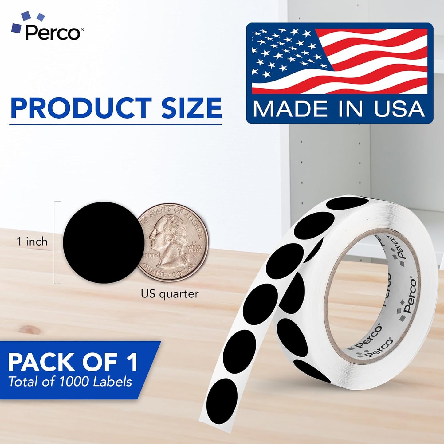 Perco Black 1-Inch Round Circle Dot Sticker Labels with Easy Peel Perforation - 1,000 Labels per Roll - Strong Adhesion, Vibrant Colors for Organizing, Crafting & More - Made in USA