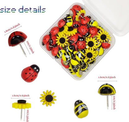 50 Pcs Animal Push Pins, DANUDON Bee Pushpins Sunflower Thumbtacks Decorative Bumble Bee Shaped Floret Thumb Tacks Decorations for Photo Wall Memo Cork Board Bulletin Board Map with Box