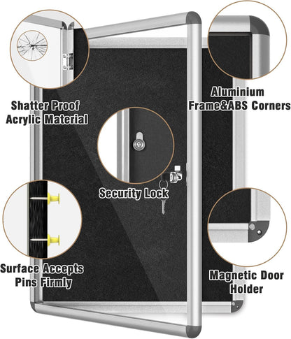 26"x20" Enclosed Bulletin Board, Lockable Weather-Resistant Aluminum Cork Noticeboard for School & Office, Silver Frame w/Black Flet