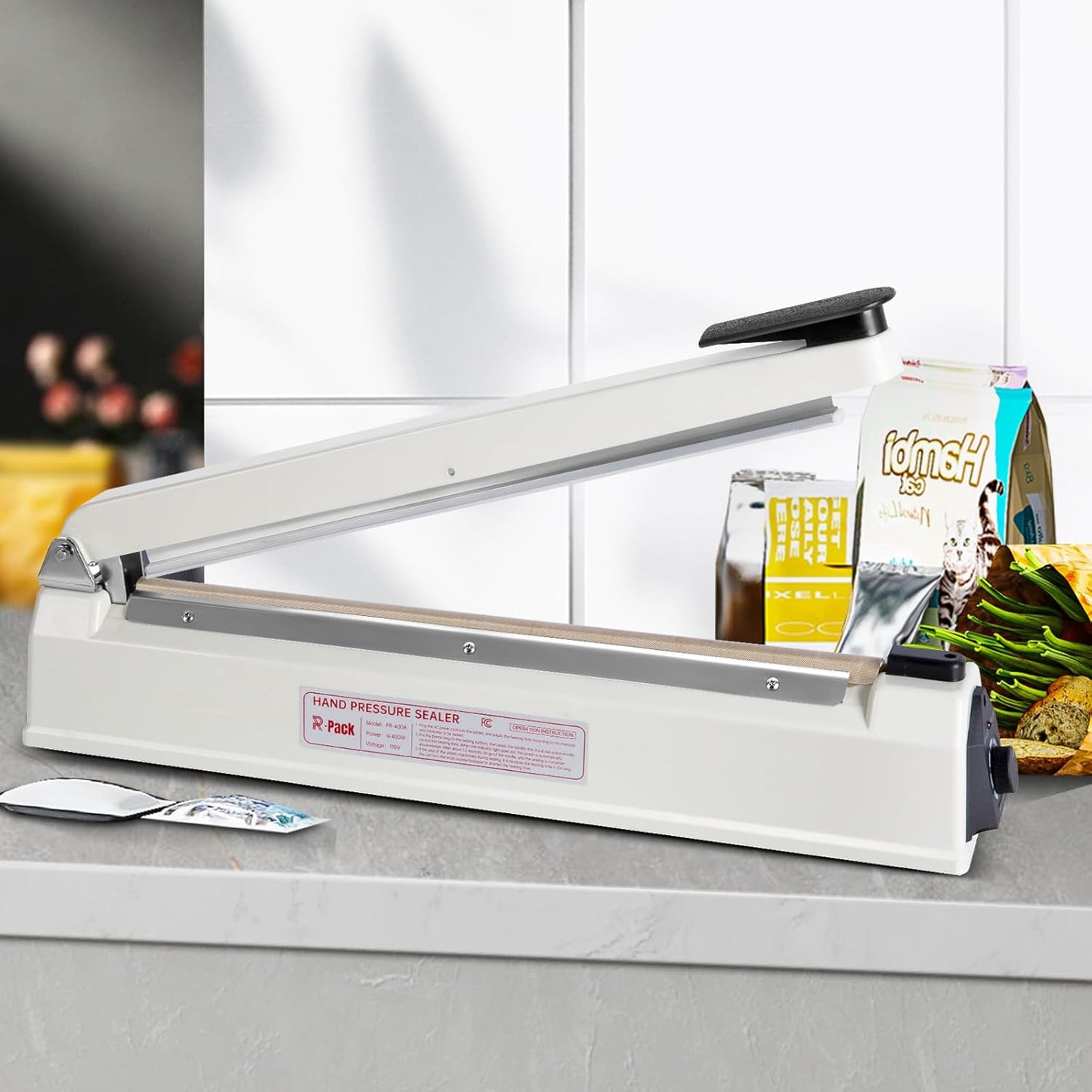 Impulse Heat Sealer with Cutter, Heavy-Duty Bag Sealing & Cutting Machine, 2 Extra Replacements (White, 8-Inch)