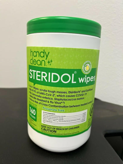 Steridol Wipes Canister, Hard Surface Wipes Multipurpose Cleaning 160 Count Fresh Lemon Scent Industrial Grade For Business Use