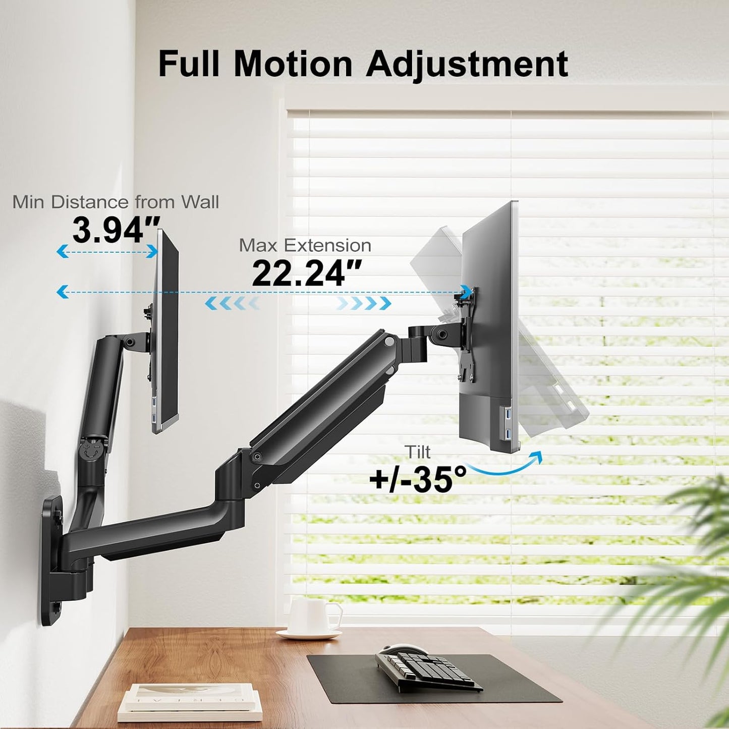 HUANUO Dual Monitor Wall Mount with Gas Spring Arms - 17-32 Inch Computer Screen Mount (4.4-17.6lbs Per Arm) - VESA 75x75/100x100 Height Adjustable Stand for Dual Monitors - Home Office Desk Setup