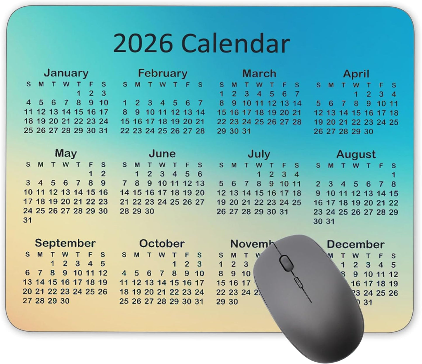 Non-Slip Rubber Mouse Pad， 2026 Calendar Yellow Blue Gradient Background Calendar Black Mouse Mat Mouse Pad Office Gaming Mousemat 9.5 inch x 7.9 inch