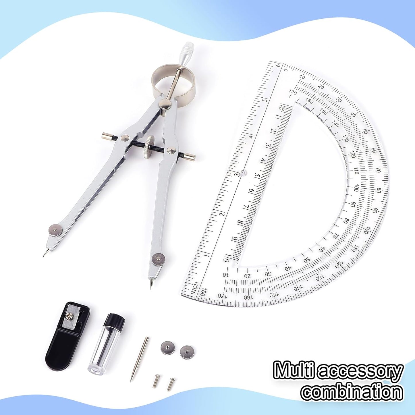 Compass and Protractor Set, Professional Drawing Compass Tool, Metal Compass with Extra Refills, Compass for Geometry and 6 Inch Math Protractors 180 Degree (Pink)