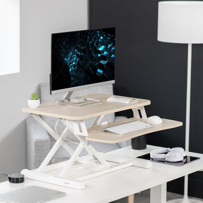 VIVO 26 inch Desk Converter, K Series, Height Adjustable Sit to Stand Riser, Dual Monitor and Laptop Workstation with Keyboard Tray, Light Wood Top, White Frame, DESK-V026KF