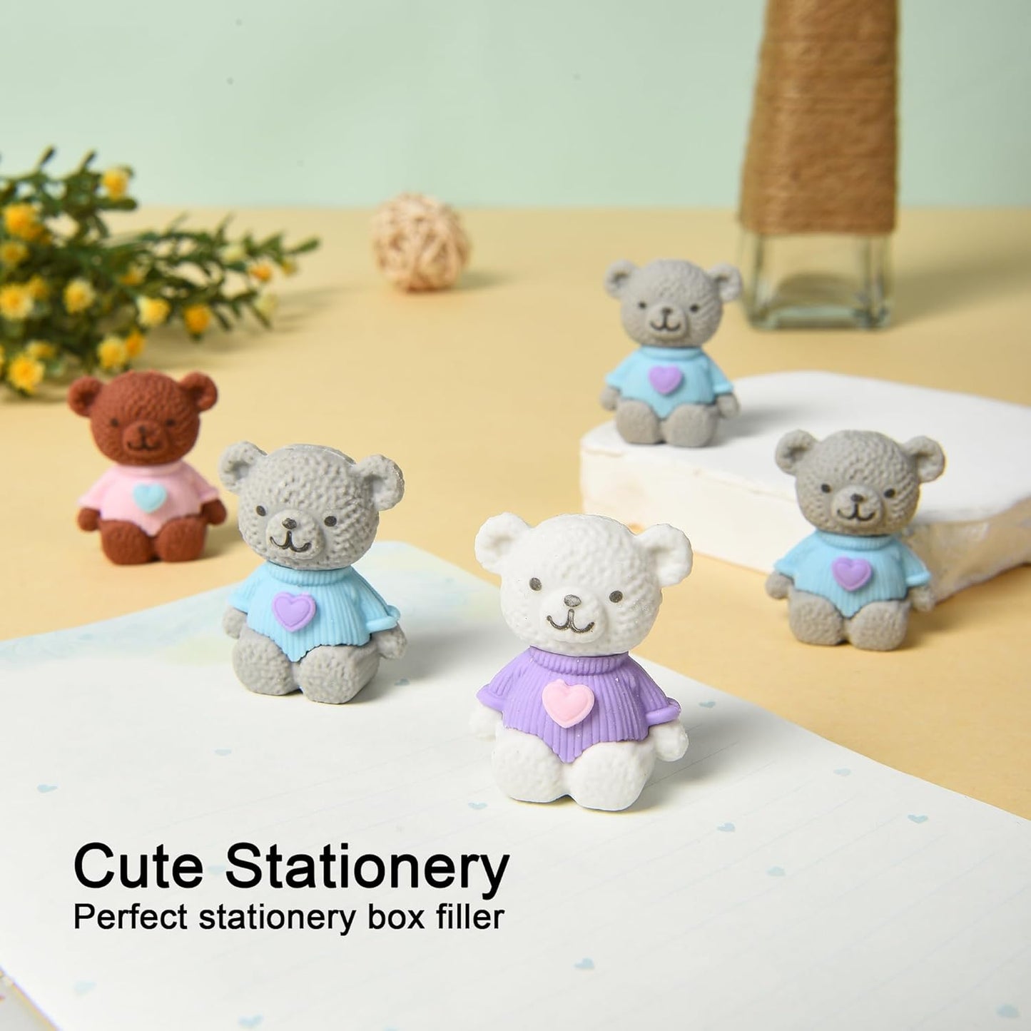 18Pcs Pencil Top Erasers for Kids, 3D Cute Bear Pencil Toppers, Bulk Fun Pencil Cap Easters for School Classroom Supplies Prize Gifts Party Favors