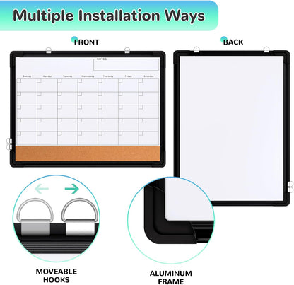 Monthly Calendar Whiteboard, 24"x18" Dry Erase Cork Board Combination for Wall, Magnetic Dry Erase Board, Double-Sided White Board, Portable Board for Office, Kitchen, Planning, Memo, School, Home