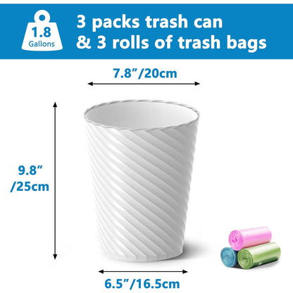 Bathroom Trash Can, 8 Pack 1.8 Gallons Small Trash Can with Trash Bags, Bathroom Garbage Can, Plastic Trash Bin, Round Waste Basket for Bedroom, Office, Kitchen, Room, Compact Space (White)