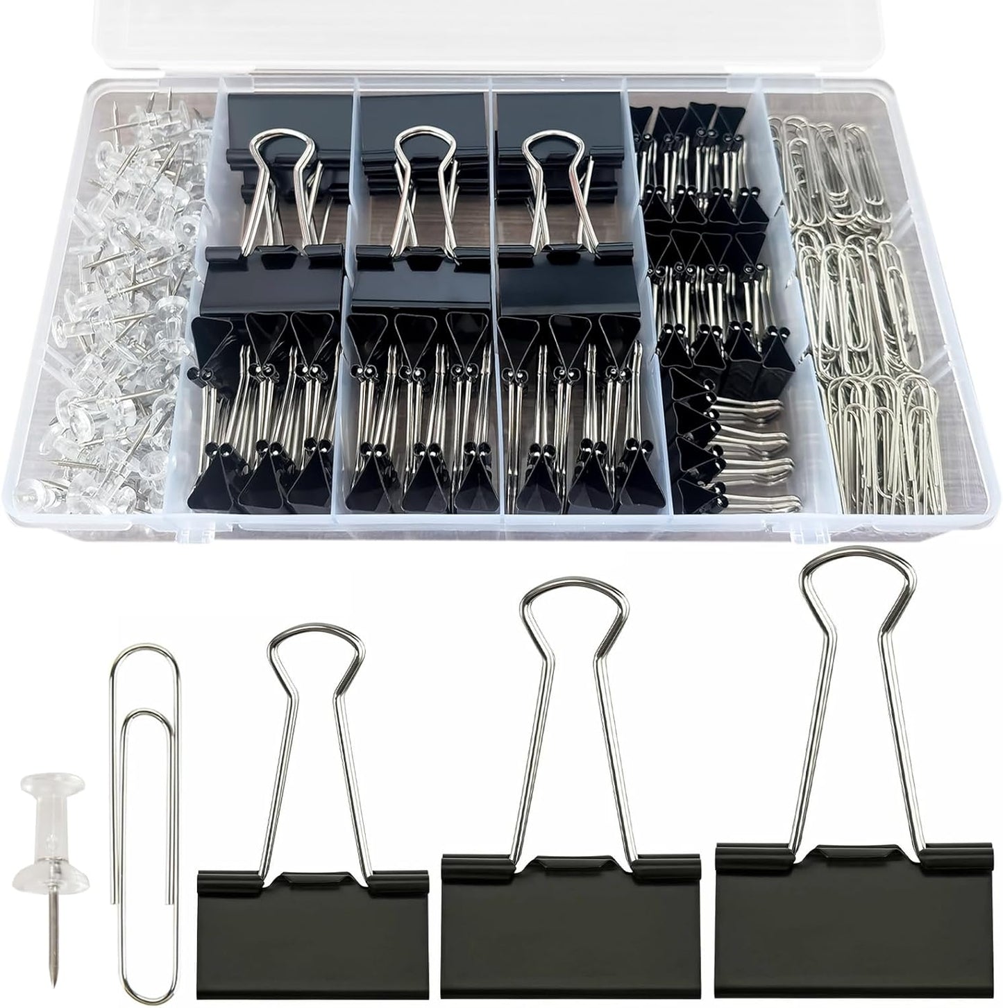 Paper Clips and Binder Clips Office Supplies Paperclips Assorted Sizes, 240 PCS Black Office Clips Paperclips and Binder Clips Set, Small Binder Clip Cute Binder Clip Push Pin Paper Clamp Thumb Tack