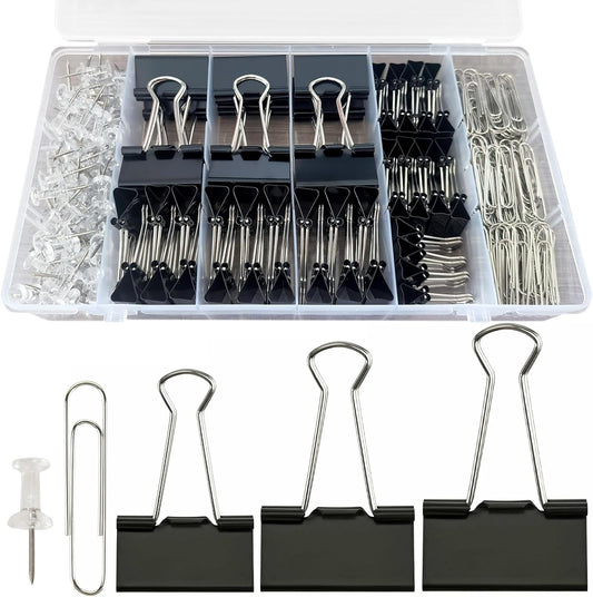 Paper Clips and Binder Clips Office Supplies Paperclips Assorted Sizes, 240 PCS Black Office Clips Paperclips and Binder Clips Set, Small Binder Clip Cute Binder Clip Push Pin Paper Clamp Thumb Tack