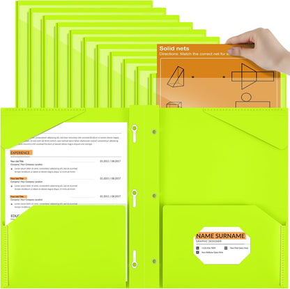 Henoyso 18 Pcs Plastic Folder with Clear Front Pocket and 3 Prong Plastic Folders with Card Slot Pocket Folders with Prongs for School Office (Fluorescent Green)