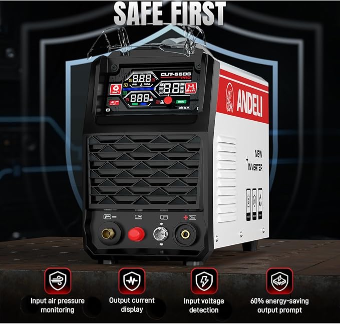 ANDELI Plasma Cutter 55A,Non-HF Non-Touch Pilot Arc，1'' Max Cut, 4-In-1 Plate Cutting/Grid Cutting/Gouging/Marking，Upgraded LED Display,Post Flow/2T/4T,110/220V IGBT Inverter for home, workshop