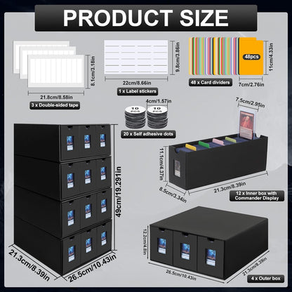7200+ Card Storage Box, 1300+ Toploader Storage Box for Commander Display,with 48 Dividers, Labels & Tapes,Fit for TCG, PTCG, MTG