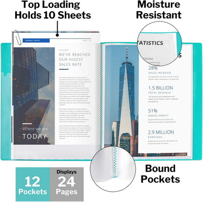 Dunwell Presentation Binder 12-Pocket, Displays 24 Pages, 8.5x11 Portfolio Binder with Plastic Sleeves, Storage and Organizer for Documents, Certificates, Projects, Photos (6 Pack, Aqua)