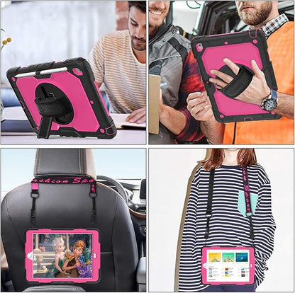 SEYMAC stock Case for iPad 9th/ 8th/ 7th Generation 10.2'', Shockproof with Screen Protector, Pencil Holder [360° Rotating Hand Strap] & Stand, for iPad 10.2 inch 2021-2019 (Rose+Black)