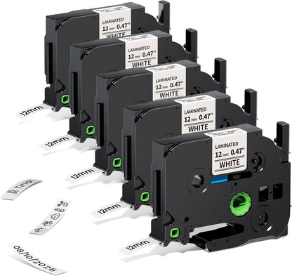 Airmall 12mm .47 Laminated White Tz Tape Compatible with Brother Label Maker Tape Refill TZe-231 TZe231 Replace for Brother P Touch D210 D200 D400 1280 1290 1880, Black on White 1/2 Inch, 5-Pack