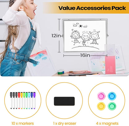 Lumsapx Desktop Whiteboard with Stand, 16" x 12" Double-Sided Dry Erase Board with Stand, Portable Stand White Board for Office, Home, School