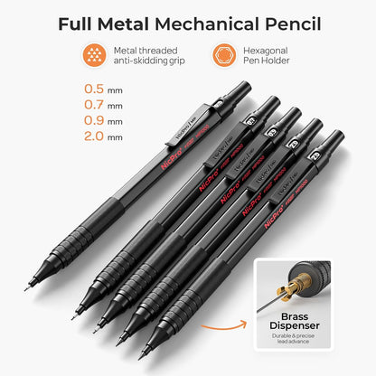 Nicpro 22PCS Art Mechanical Pencil Set, Black Artist Metal Drafting Pencil 0.5 & 0.7 & 0.9 mm & 2PCS 2mm Graphite Lead Holder(4B 2B HB 2H) for Drawing Writing Sketching With Lead Refills Erasers Case