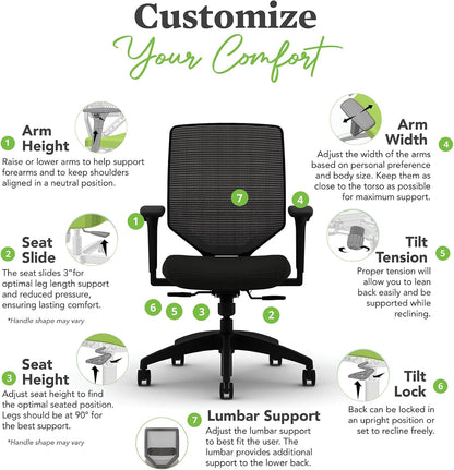 HON Solve Mesh Back Office Chair with Adjustable Arms, Adjustable Height, Tilt Tension, Lumbar Support, Swivels, on Rolling Wheels, Midnight