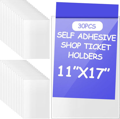 Outus Self Adhesive Shop Ticket Holders Clear Plastic Sleeves Adhesive Pockets Work Order Job Ticket Holders for Home Office Posting Signs (11 x 17 Inch,30 Pcs)