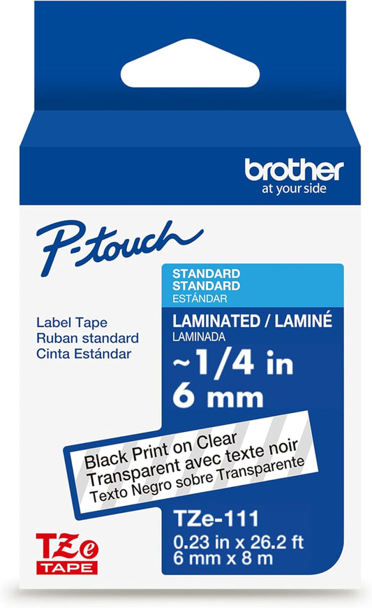 Brother Genuine P-Touch TZe Black Print on Clear Label Tape (TZe111), Laminated,1/4in x 26.2ft (6mm x 8m), for Select P-Touch Label Makers, Durable, Water-Resistant, Indoor/Outdoor Use