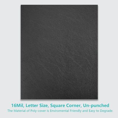 Binditek 100 Pack 16 Mil Leather-Textured Heavyduty Polycovers, Plastic Binding Presentation Covers, Letter Size, 8-1/2 x 11", Square Corners, Un-Punched, Black