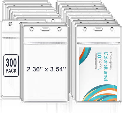 Marspark 300 Pieces Clear Plastic Name Badge ID Card Holders Vertical Name Badge ID Card Holders with Waterproof Resealable Zip Transparent PVC Sleeve Cover for Office School