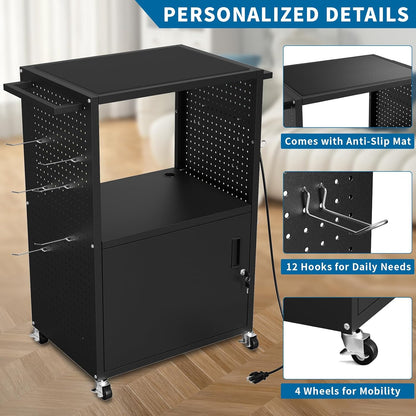 AV Presentation Media Cart Stand Up Desk with Storage Cabinet for Printer, Projector, Computers, TV, Rolling Storage Cart with Adjustable Shelves, Outlet and Cord for School Office Shop