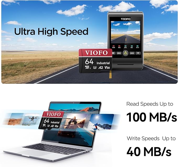 VIOFO 64GB Industrial Grade microSD Card, U3 A2 V30 High Speed Memory Card with Adapter, Support Ultra HD 4K Video Recording