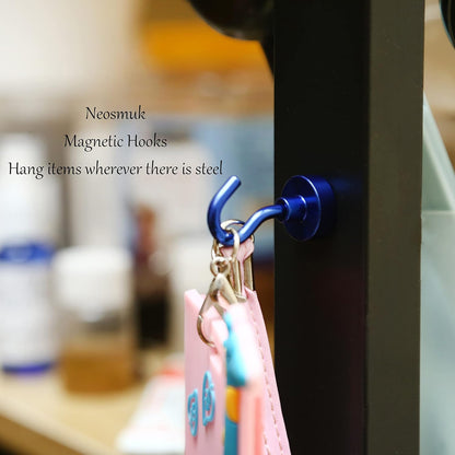 Neosmuk Magnetic Hooks,30lb Heavy Duty Earth Magnets with Hook for Refrigerator, Extra Strong Cruise Hook for Hanging, Magnetic Hanger for Curtain, Grill (Navyblue, 4 Pack)