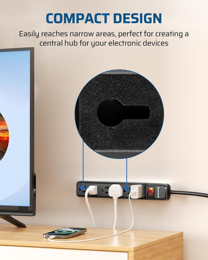 DEWENWILS 15 Foot Long Power Strip, 6-Outlet Power Strip 15FT, 15 Amp Circuit Breaker, Low Profile Flat Plug, Surge Protector for Office, Living Room, Bedroom, 4 Pack, Wall Mount, Black