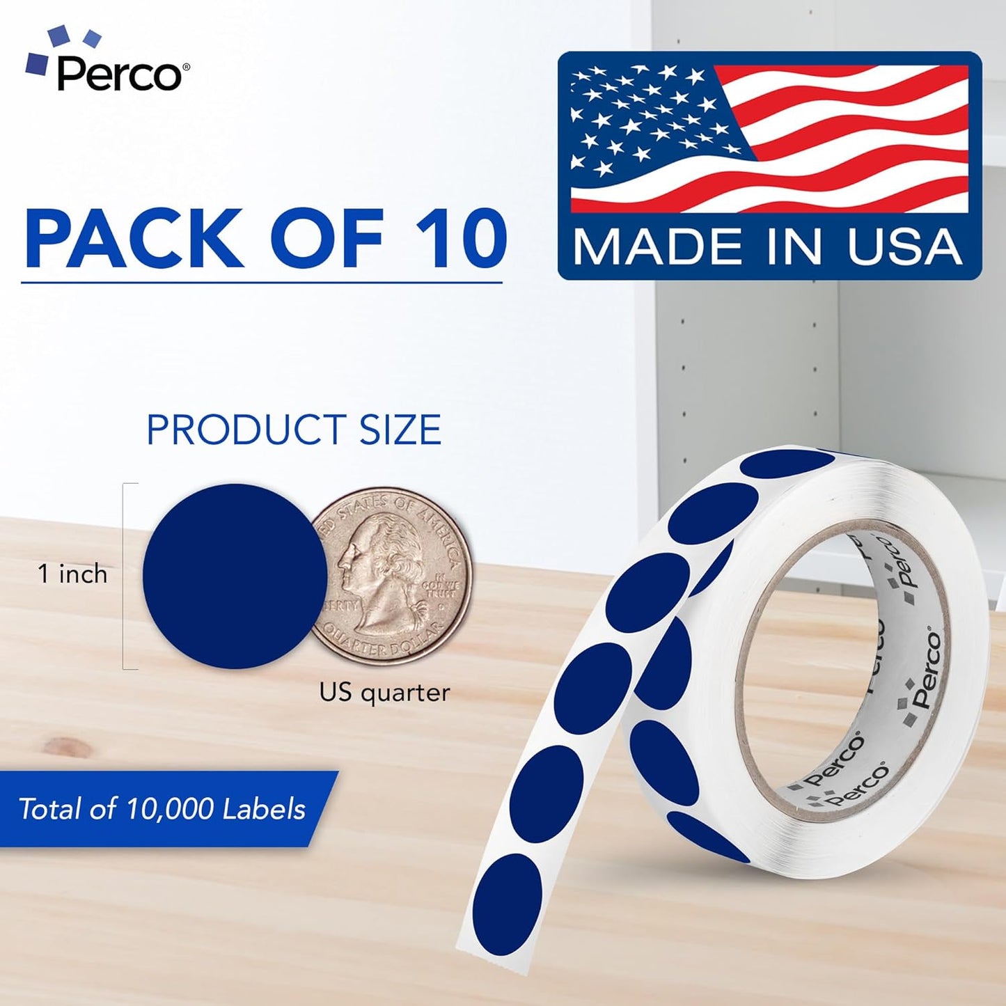 Perco Dark Blue 1-Inch Perforated Circle Dot Sticker Labels — 10 Rolls, 10,000 Round Stickers — with Permanent Adhesive for Inventory Management, Color Coding, Garage Sales, Crafts—Made in USA