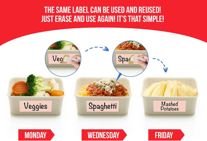 MESS Reusable Food Container Labels – Erasable, Removable Dry Erase Labels for Kitchen, Freezer, and Fridge Organization (1x3 & 1.5", Pastel)