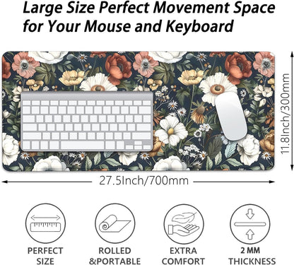 Colorful Flowers Desk Pad Mouse Pad,Daisy Floral Mouse Mat with Stitched Edges,Non-Slip Rubber Base Mousepad for Office PC Keyboard Laptop and Home Work Desk Mat(27.5X11.8 in)