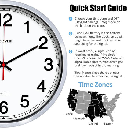 Geevon 12 Inch Atomic Wall Clock - Self-Setting Analog Clock with Automatic Time Sync - Battery Operated for Home Office School - Silver Frame