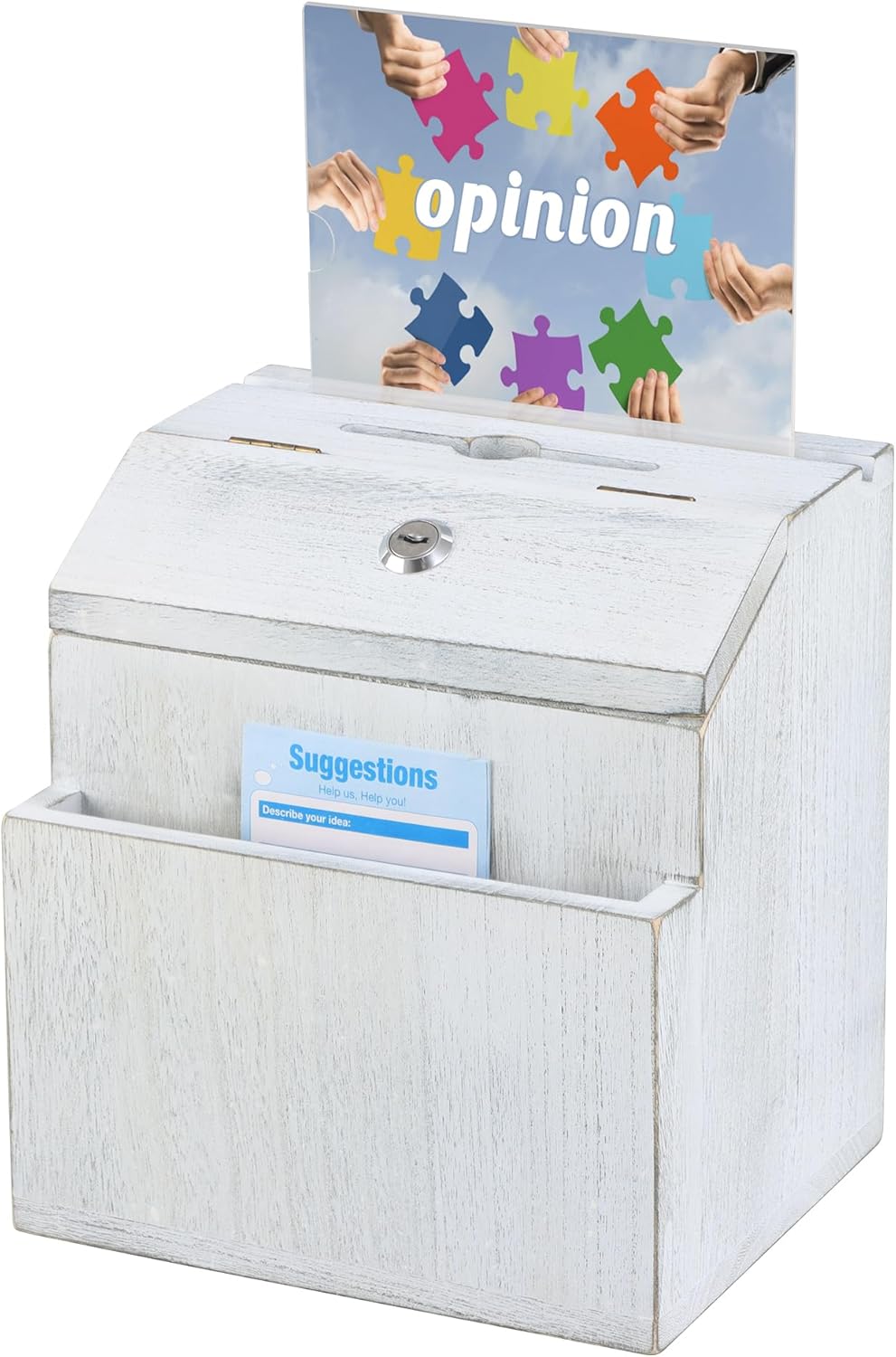KYODOLED Wood Suggestion Box with Lock, Rustic White Ballot Box Donation and Key Drop Box with Acrylic Sign Holder and 30 Free Suggestion Cards, Wall Mounted or Freestanding, 9H x 6.9W x 8.5L Inch