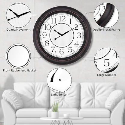 18 Inch Lighted Wall Clock Outdoor Clocks with Smart Light Sensor Battery Operated Wall Clocks with Night Light, Waterproof Wall Clock for Patio, Garden, Porch, Living Room, Home, Office