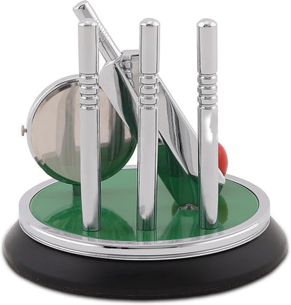 Metal Cricket Kit Style Table Clock, Silver Finish Clock with Bat, Ball & Stumps, Battery Operated Desk Showpiece, Paperweight for Office, Home Decor, Gift for Cricket Lovers