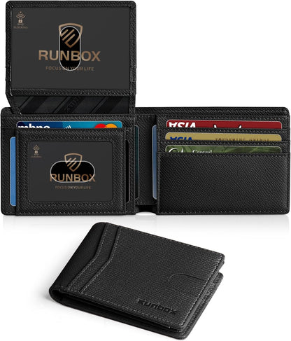 RUNBOX Wallet for Men Slim Rfid Leather 2 ID Window With Gift Box