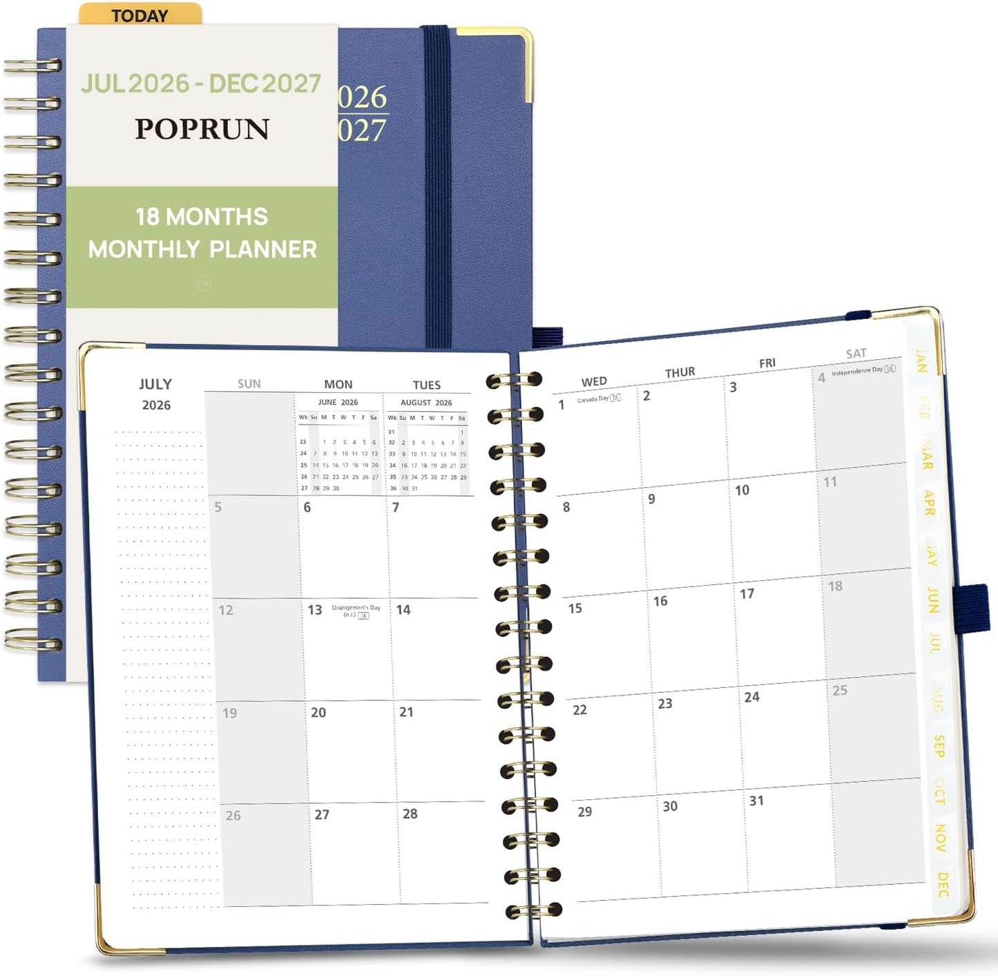 POPRUN Monthly Planner 2026-2027 Spiral Hardcover (6.25'' x 8.5''), 18 Months Calendar (Jan.2026-Jun.2027) - 2 Pages per Month with Dotted Note Pages, Sunday Start, Laminated Tab - Navy Blue