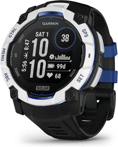Garmin Instinct® 3 – 50 mm, Solar, Rugged Outdoor GPS Smartwatch, Built-in Flashlight, Supernova Collection Limited Edition Color, Whitestone with Black/Bolt Blue Silicone Band