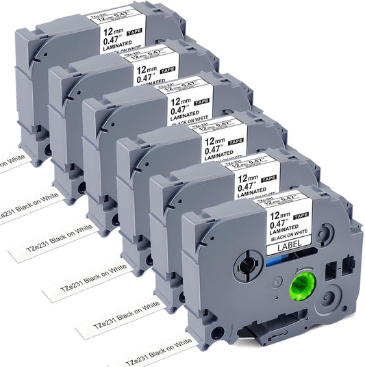 Label Maker Tape Refill 12mm 0.47 Laminated White Replace for Brother P-Touch Label Tape TZe TZ TZe-231 TZe231 Compatible with Brother P Touch PTD210 PTD220 PTH110 PTH111, Black on White, 6 Pack