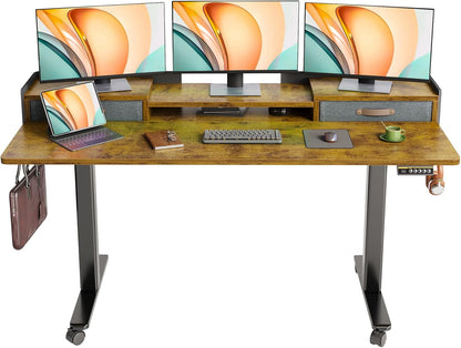 YDN Rustic Brown 2-Tier Adjustable Electric Standing Desk, 63 inch, Modern Design with 2 Drawers, Felt Fence, Hook, for Office