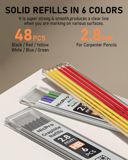 Nicpro 6 Pack Upgraded 3-IN-1 Carpenter Pencil Set with Finger Grip, Construction Pencils with 54 Refill & Mini Spirit Level, Deep Hole Carpenter Tool, Mechanical Carpenter Pencil for Woodworking